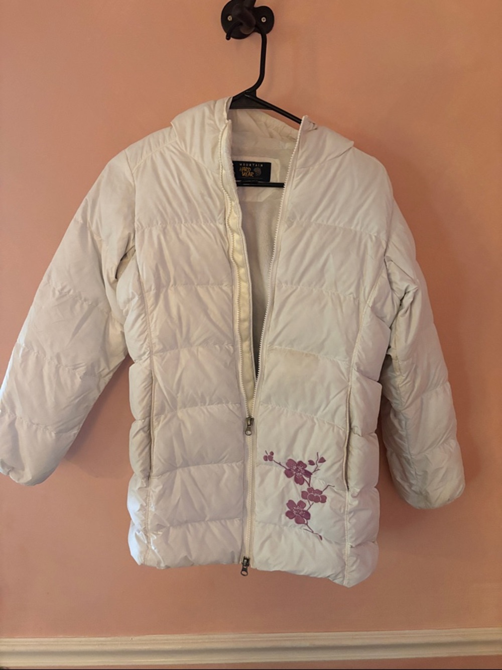 Mountain Hardwear Cream Hooded Puffer Jacket with Pink Floral Detail